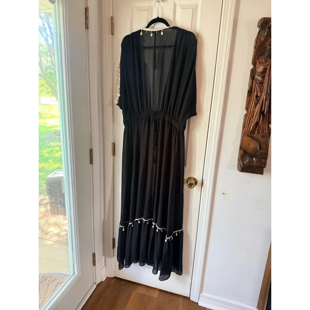 Ramy Brook Nikolai Cover Up Maxi Dress Black Shell Embellished XL NEW